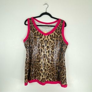 Southern Stitch Womens Medium Blouse Sleeveless Leopard Sequins Brown Pink Top